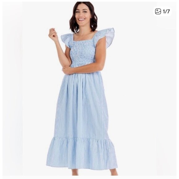 Mud Pie Size Small Blue White Striped Smocked Maxi Dress - Picture 1 of 9